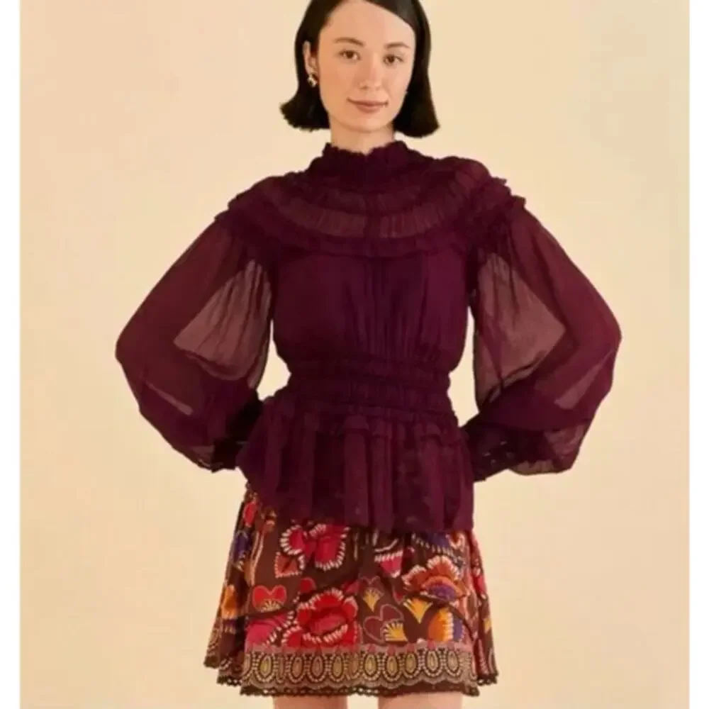 NWT Farm‎ Rio Chiffon Ruffled Blouse in Bordeaux - Sz Large - Picture 11 of 15